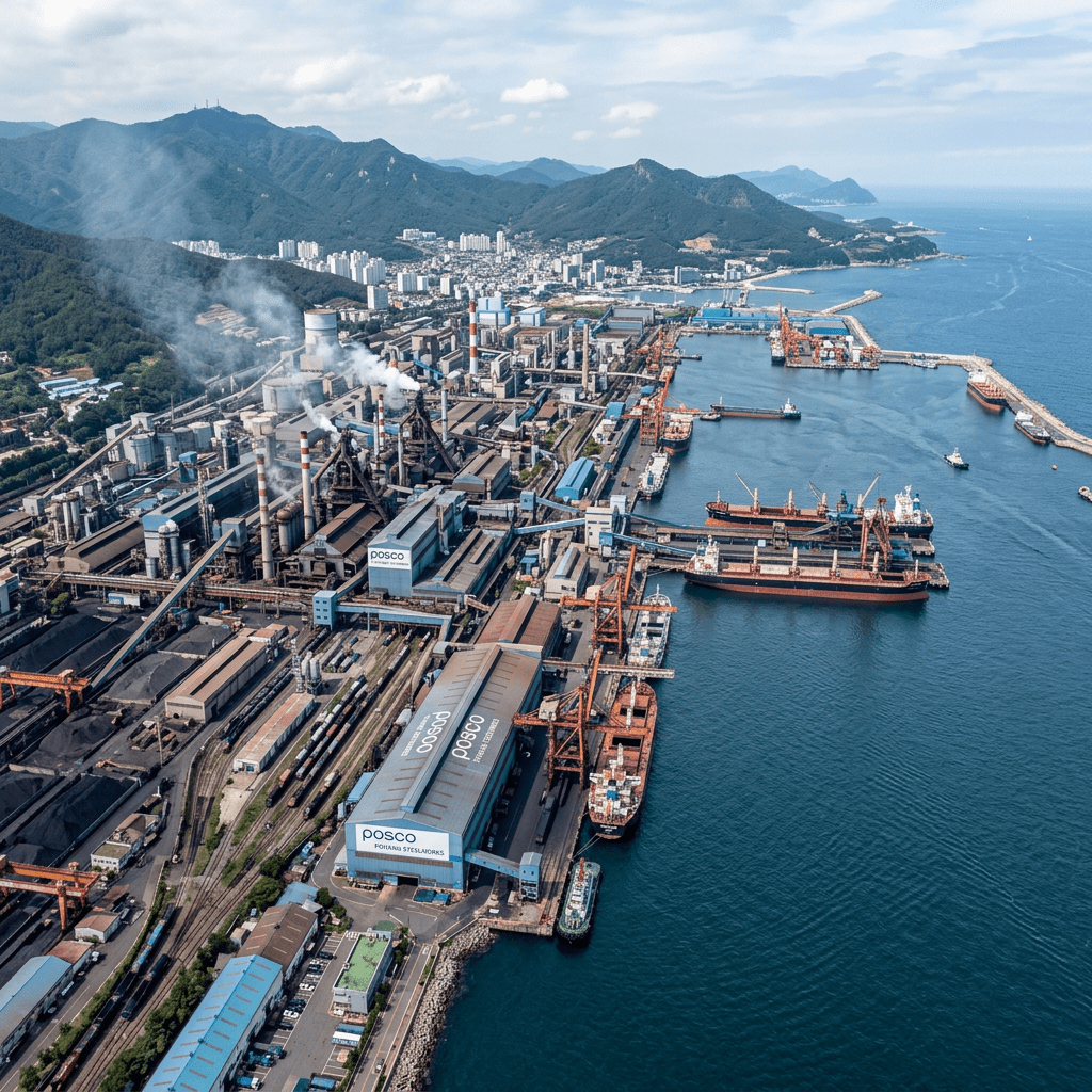 Steel manufacturing plant and docks with cargo ships on coastal water